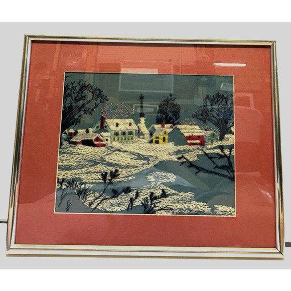 Avon Creative Needlecraft Crewel Embroidery Framed and Matted Country Snowscape - Picture 1 of 6